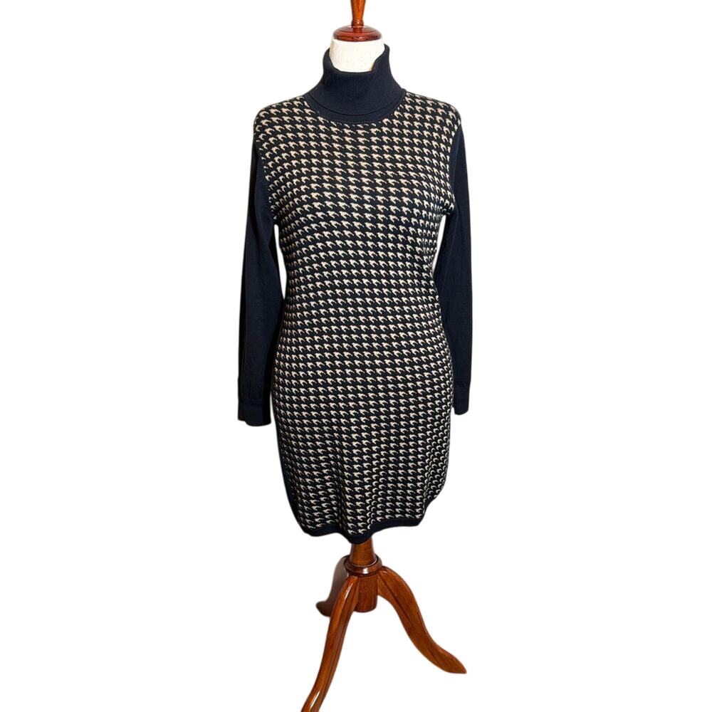 Tommy Hilfiger sweater dress black & tan patterned turtleneck long sleeve Sz L